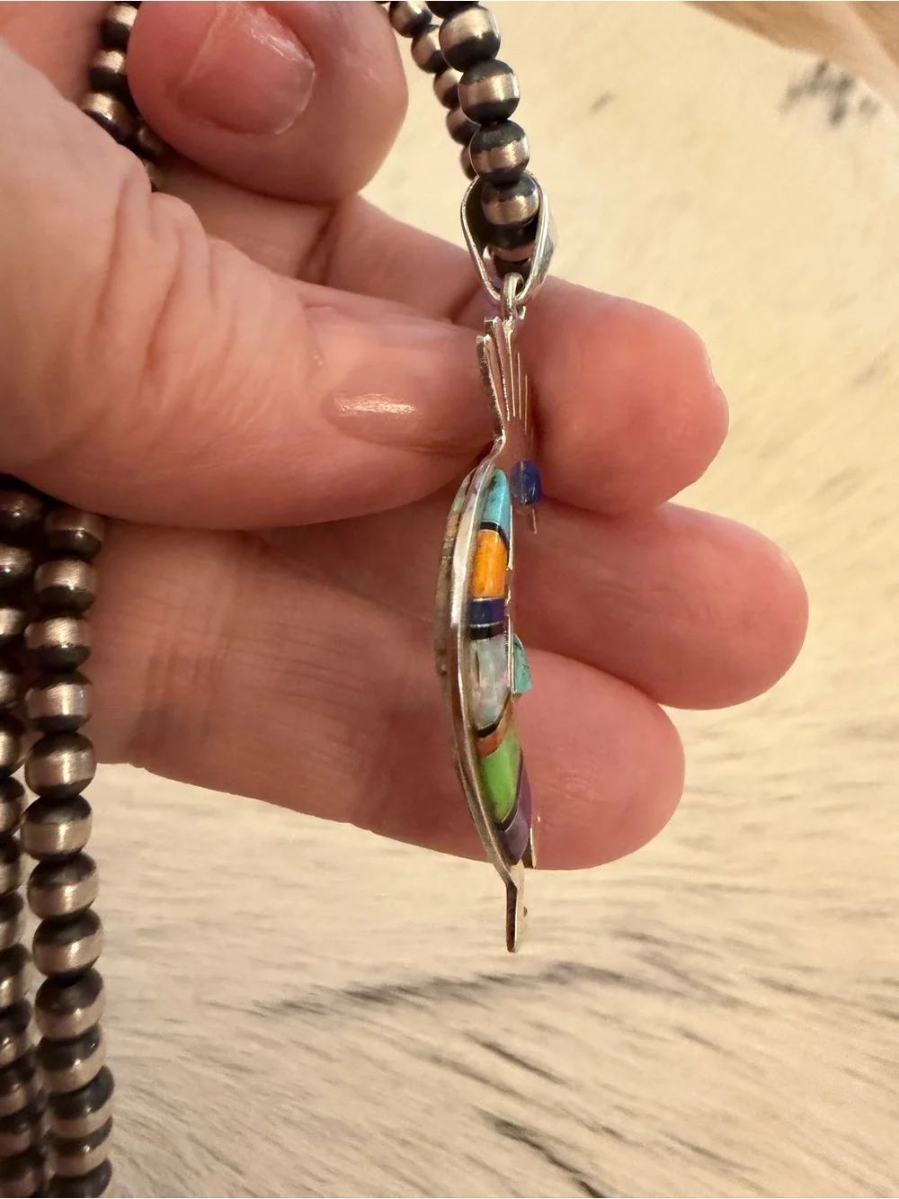 ❤️ Navajo Signed Zuni Style Kokopelli Multistone & Fiery Lab Opal 925 Pendant